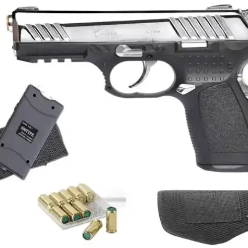 Kuzey A100 Chrome Blank Gun with Blanks, Holster and 3.8 Mil Volts Stun Gun