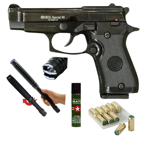 Ekol Special 99 Cal 9mm Black, Stun Gun, Peper spray, Holster | 10 Blanks – Complete Self-Defense Kit