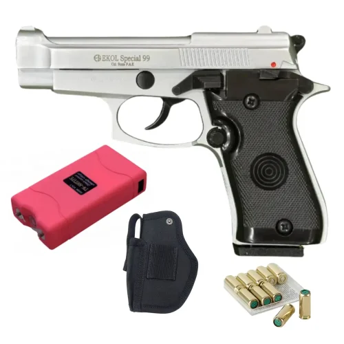 Ekol Special 99 Cal 9mm chrome, Stun Gun, Holster | 10 Blanks – Complete Self-Defense Kit