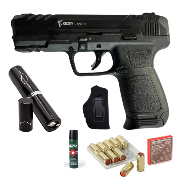 Kuzey S900 blank Gun, stun gun, holster, 10 paper bullets, & peper spray